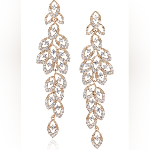 Chandelier Pave Leaves Rhinestone CZ Crystal Gold Earrings Bridal Formal New - Picture 5 of 6